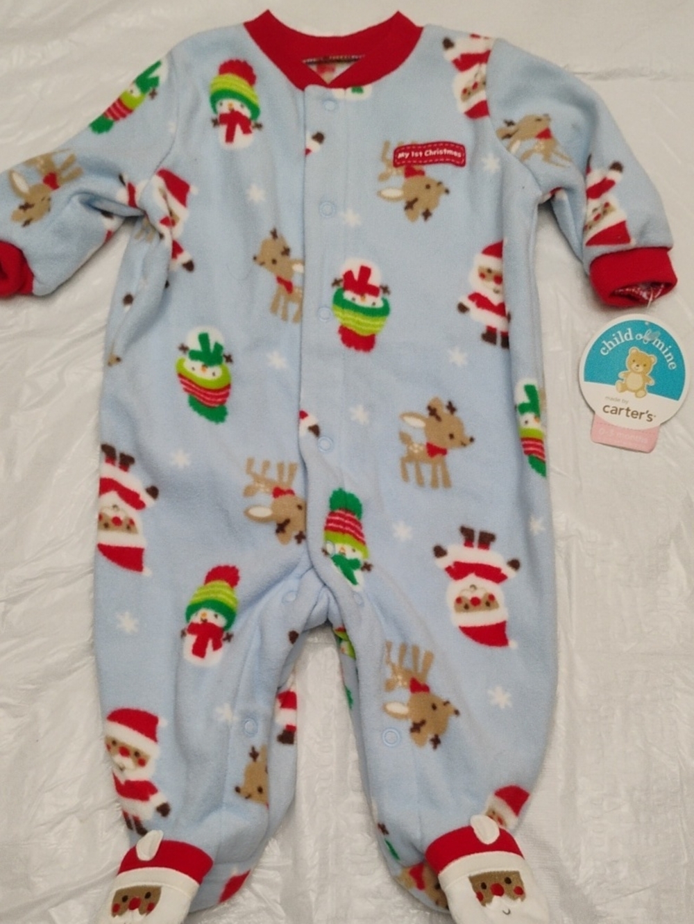 Carter's Light Blue Holiday Fleece Footed One-Piece with Santa & Reindeer
